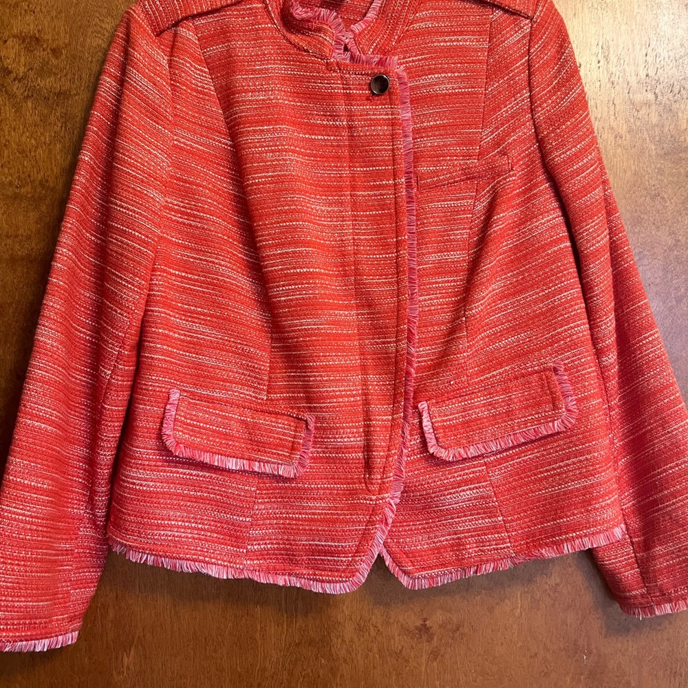 Chico's Coral Tweed Fringe-Trim Blazer